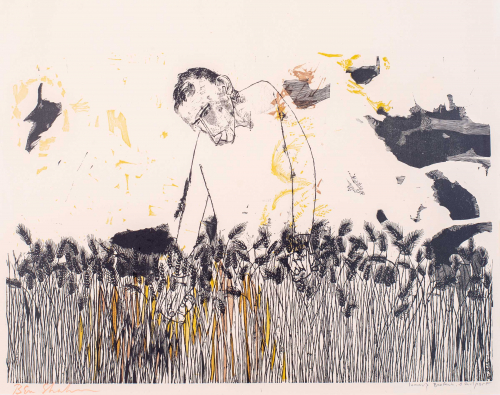 Man sitting in a field (middle of image) picking grass; light pink and mustard yellow, black and white