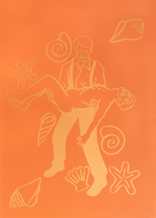 Stylized depiction of a clothed male figure holding the limp body of a nude male. The print is inked in gold on orange paper.