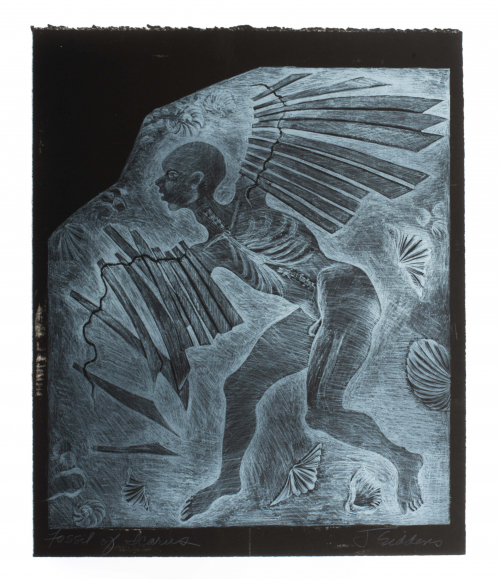 Black and blue sketchy/relief like image of a bald winged man surrounded by shells/fossils