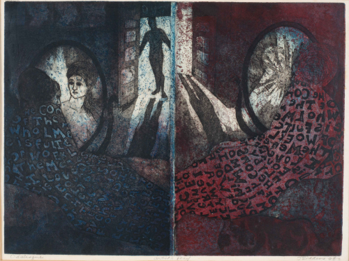 Diptych print; both sides show the silhouette and shadow of a person entering through the doorway of a woman' bedroom 