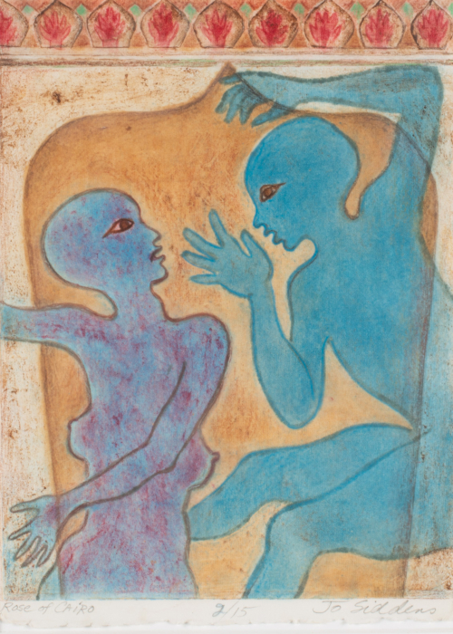 Depiction of two nude figures in a pointed arch in colors of turquoise, purple, burnt umber, and red