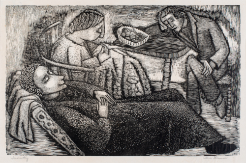 Three relaxed figures: two sleeping, one knitting