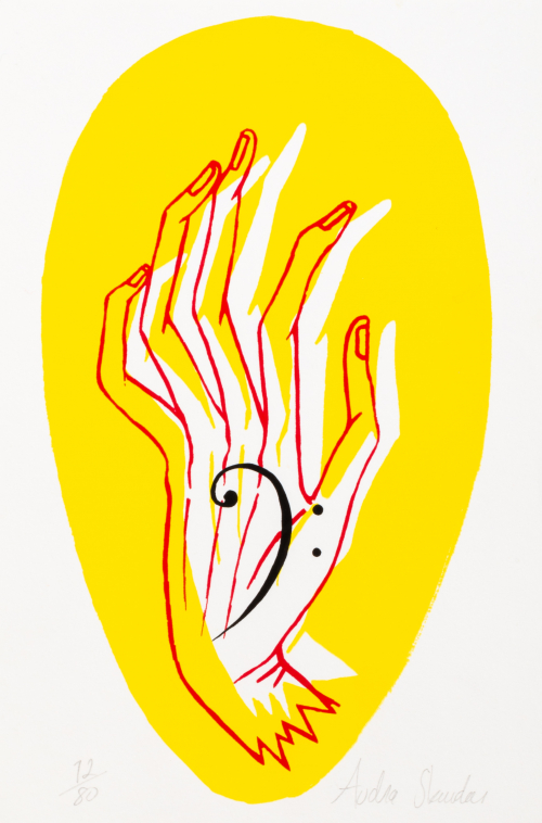 A small print, yellow, black, and red on white paper, which depicts a left hand (in contour) with elongated fingers as well as a