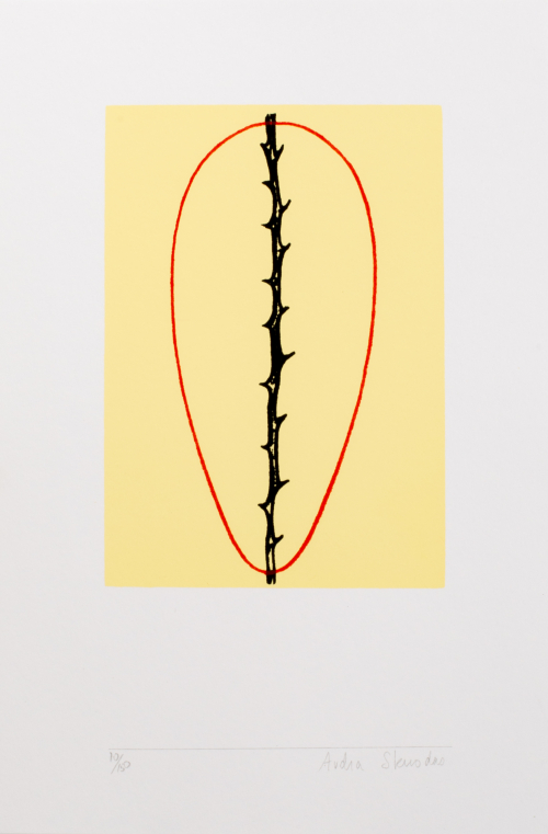 A small print, yellow, black, and red on white paper, which depicts the thorny stem of a plant encircled in an elliptical red li