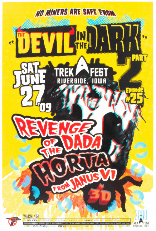 A poster printed primarily in yellow, black, and red with some blue. the most prominent words are "Devil in the Dark, Part 2,"