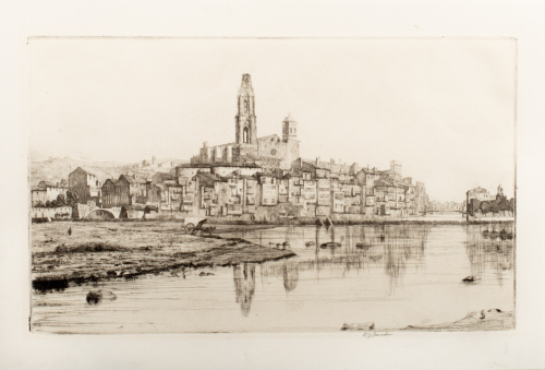 The artist depicted a city scne at a distance across a body of water in a thin-ined detailed yet sketch-y style. 