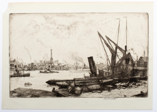 Black and white dock / harbor scene; boats, buildings, cranes in foreground; buildings, smokestacks, large ships across harbor i