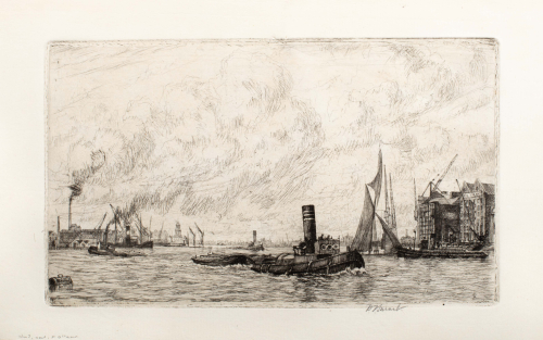 The artist depicted a harbor scene is a detailed sketchy style, the water is very wavy and their is a tugboat in the foreground