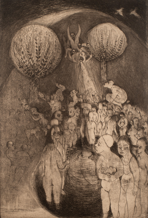nude women gathered lower 2/3 of etching; woman in lower foreground holds a baby; above a figure holds a light that streams down