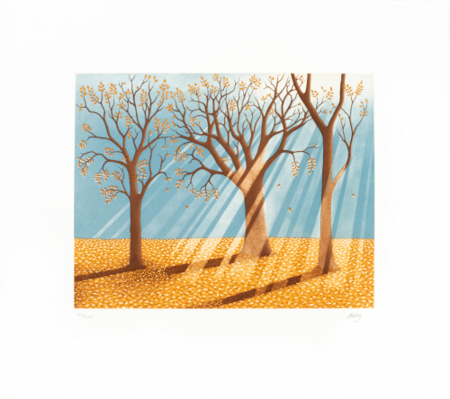 A bright illustration of a fall scene, three trees loosing their yellow leaves with sunbeams streaming through their branches.