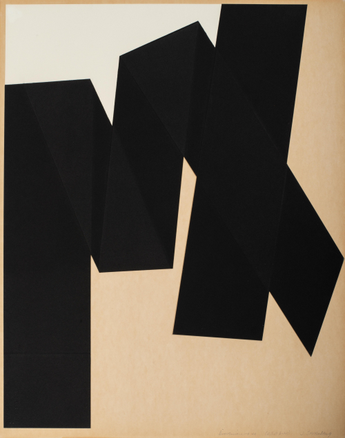 Abstracted color blocking composition with a cream and white back ground behind a large crisscrossing black form.