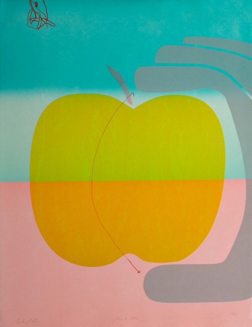 A colorful abstract print of an apple in a grey hand in front of a color blocked background