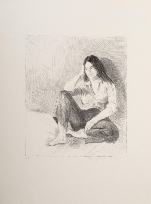 A sketchy black and white depiction of a woman seated on the floor wearing dark pants, a light colored shirt, and no shoes.