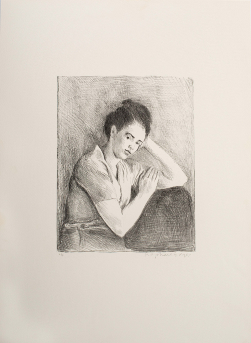 A sketchy black and white depiction of a seated dark haired woman with hair pulled back and her head resting on her left hand.