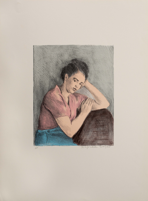 A sketchy color depiction of a seated dark haired woman wearing a pink top and blue skirt her head rested on her left hand.
