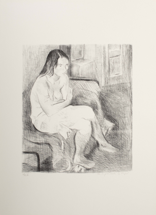 A black and white sketchy depiction of a seated topless woman with legs crossed and arms folded over her chest.