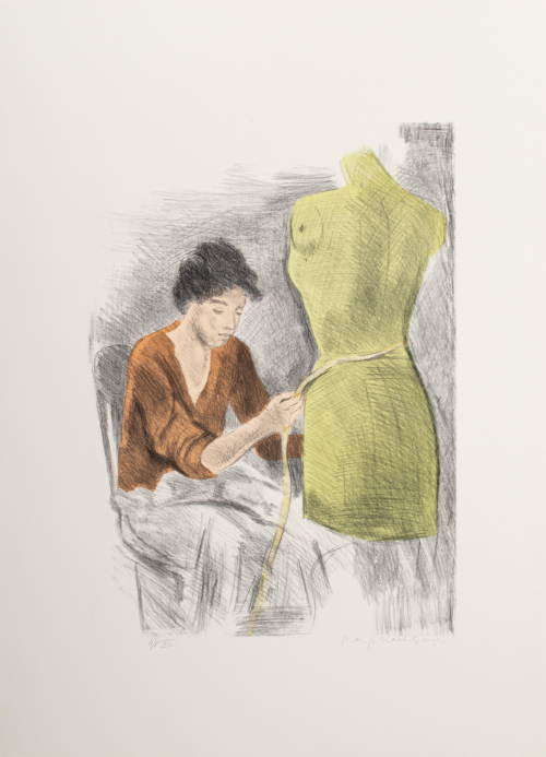 A sketchy color depiction of a woman seated wearing a brown seater taking measurements on a mannequin.