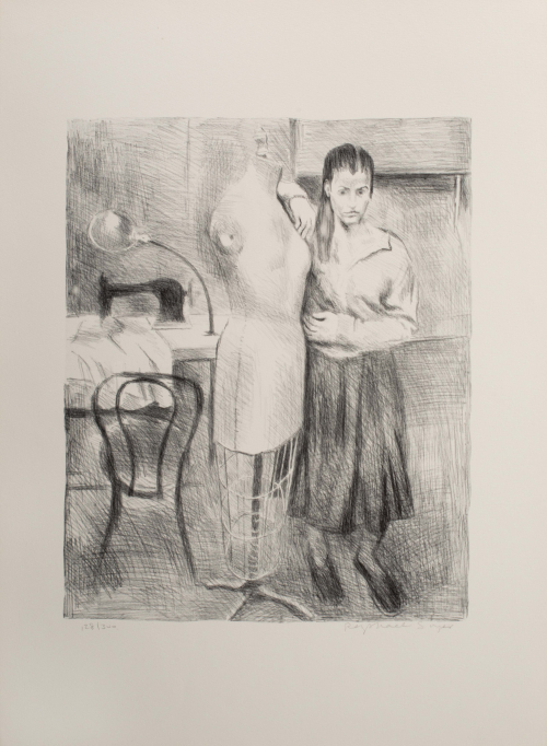 A black and white sketchy depiction of a woman wearing a dark skirt standing with her arm leaning against a dress form.