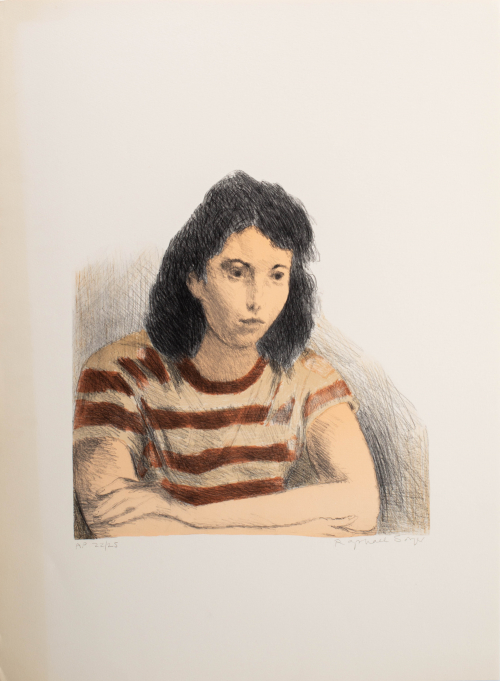 Sketchy color depiction of a dark haired woman seated wearing a brown and tan striped t-shirt with her arms folded on a surface.