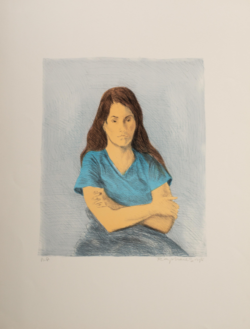 A sketchy color depiction of a seated woman wearing a blue shirt and her arms folded over her chest.