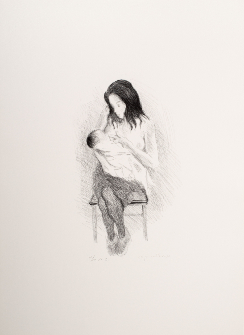 Sketchy depiction of a seated shirtless woman nursing a baby wrapped in blankets. 