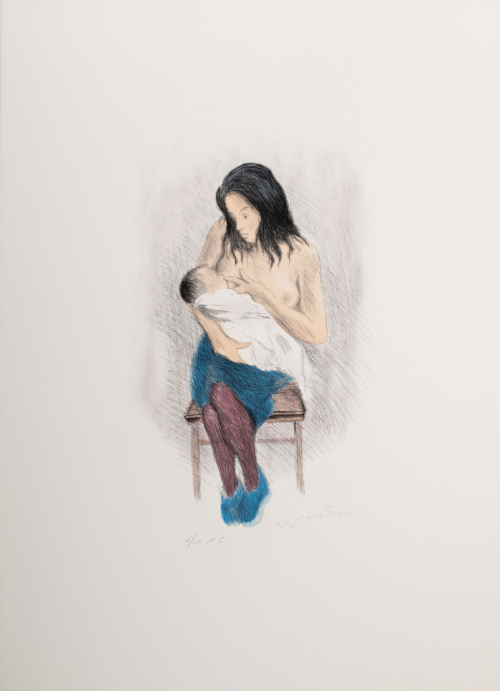 Sketchy color depiction of a seated shirtless woman nursing a baby wrapped in blankets. 