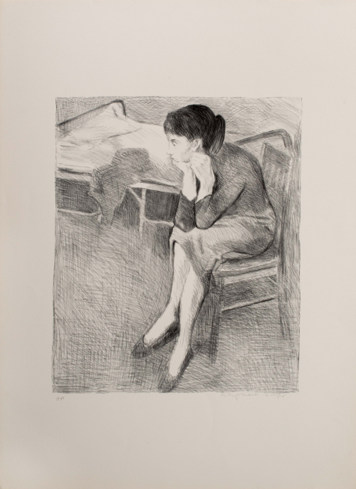 A black and white sketchy depiction of a woman sitting on chair next to a cot.