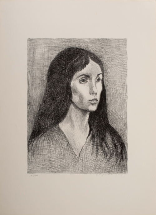 A black and white sketchy depiction of a dark haired woman from the shoulders up.