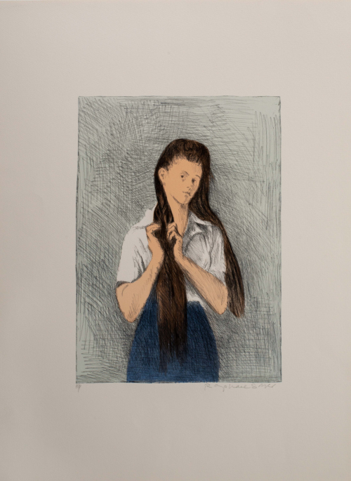 A sketchy color depiction of a brunette woman braiding her hair of her right shoulder.