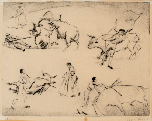 Several images of matadors with bulls