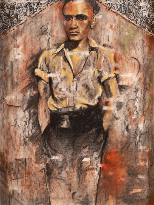 man depicted dressed in a yellow/white shirt and black pants. background is composed of red, brown, and grey patterns