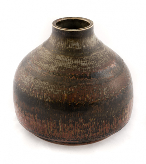 Dark, rounded jar with a broad neck and small, bottle-like opening in the top