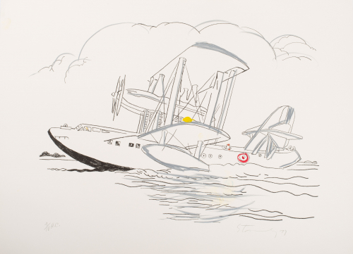 A mostly black and white cartoonish depiction of a large aircraft/boat floating in water, accented with silver yellow and red.