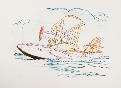 A cartoonish depiction of a large red pink and brown aircraft/boat floating in blue water
