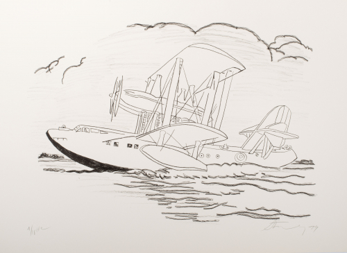 A black, white, and grey cartoonish depiction of a large airplane / boat floating on water.