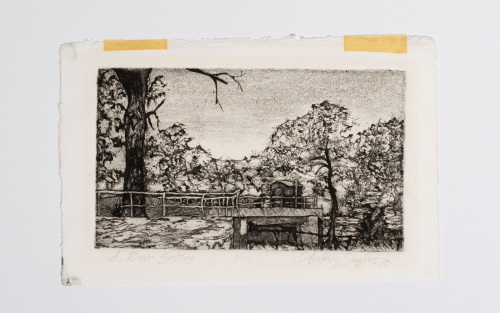 A loose black and white depiction of a wooded scene by a river.