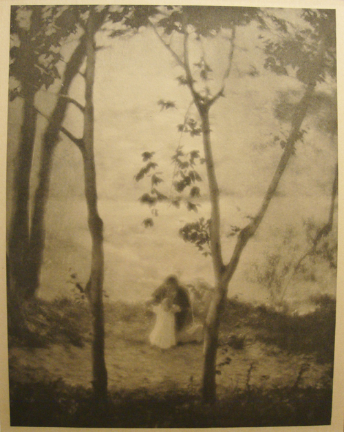 An image of two small figures with trees in the foreground and a ahore in the background