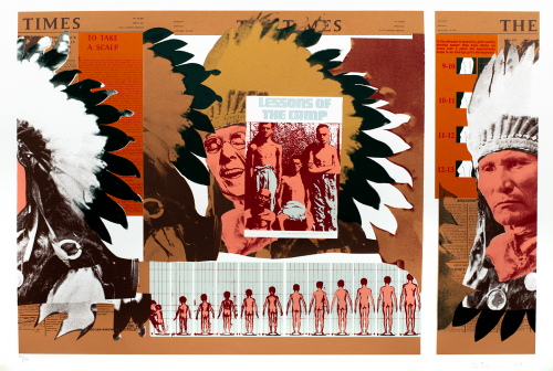 Layered print of various juxtaposed images. Dominant images consist of men in Native American headdresses and development charts