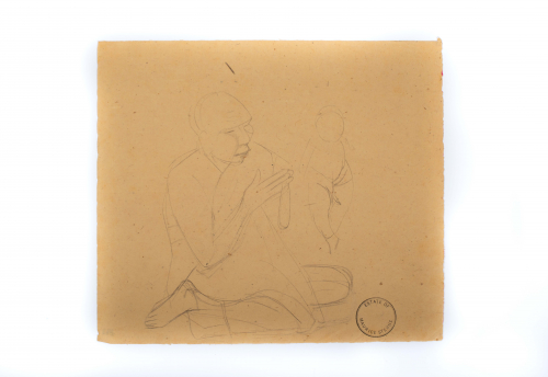 A loose sketch depicting two figures, one kneeling and one in much less detail standing.