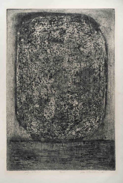 A black and white print depiction of a large oval shaped stone.
