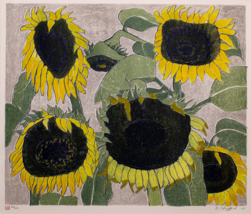 Stylized close-up of five sunflowers; signed in pencil by artist