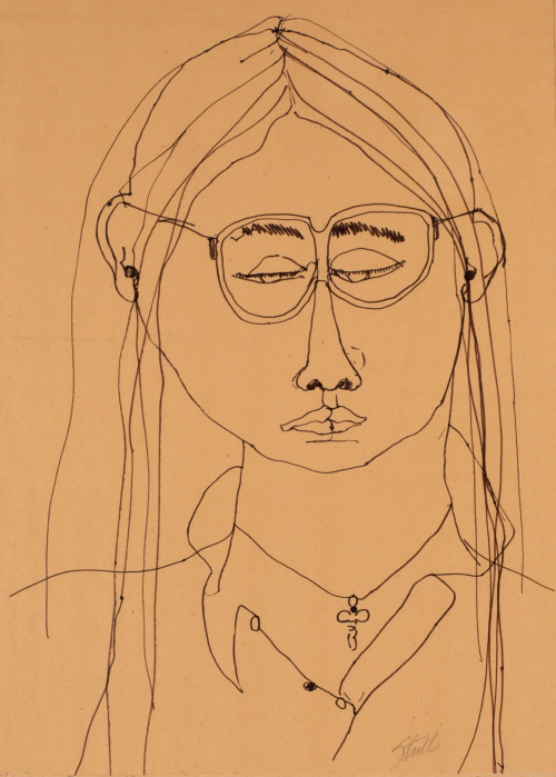 Linear drawing of a woman with glasses and long hair