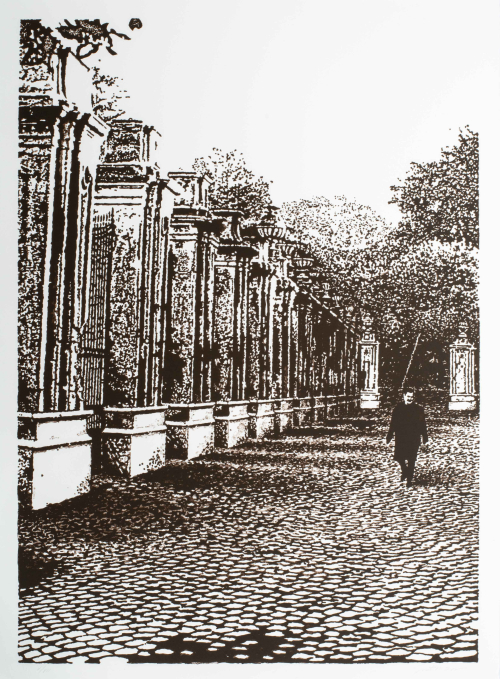 A high-contrast brown print depicting a man walking down a cobblestone street near a tall fence with trees in the background.