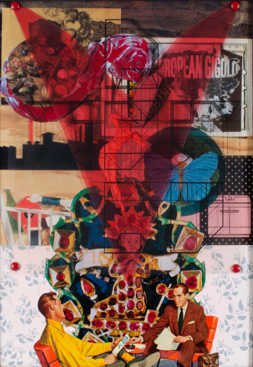 complex composition dominated by an inverted red chevron superimposed over images of a jeweled Christ. 