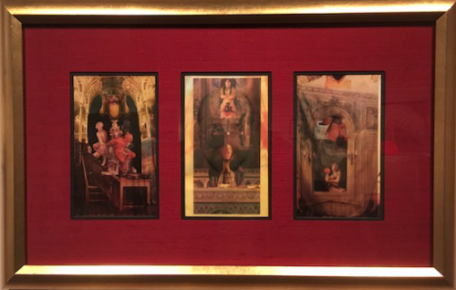 Three panels within a red silk matt