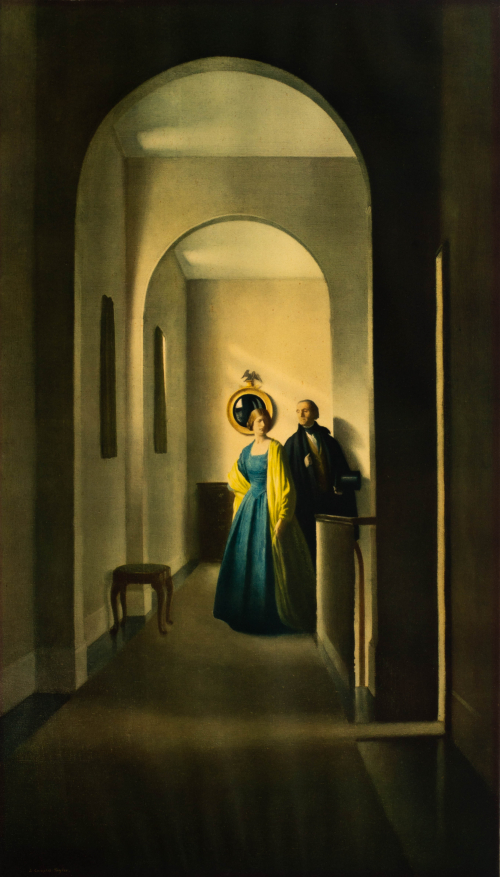 Image depicting a couple dressed in colonial period clothing standing in a hall with two arched openings and light streaming in.