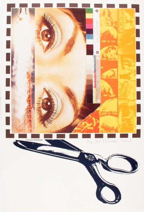 Large pair of scissors at bottom third cutting along a dotted line. Collage of images within brown dotted line.