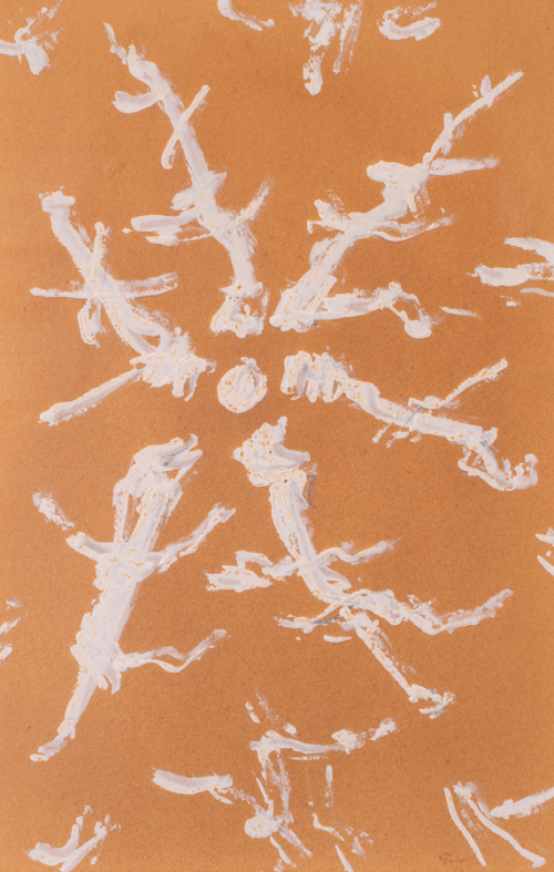 an aerial view of stylized animals or figures in white on brown background approaching a white circle in the center