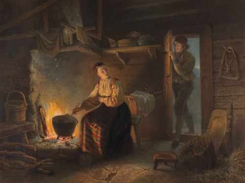 Woman sitting by fireplace in a chalet; stirring a kettle over the fire, looking over her shoulder as a man walks in
