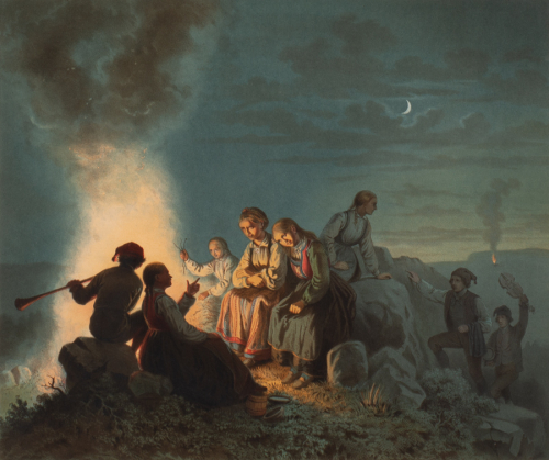 Six people sitting around campfire; two people approaching; one person playing a horn; one approaching with a fiddle